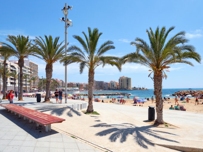 Torrevieja,,Spain,-,May,16,,2019:,Seafront,Palm,Lined,Promenade